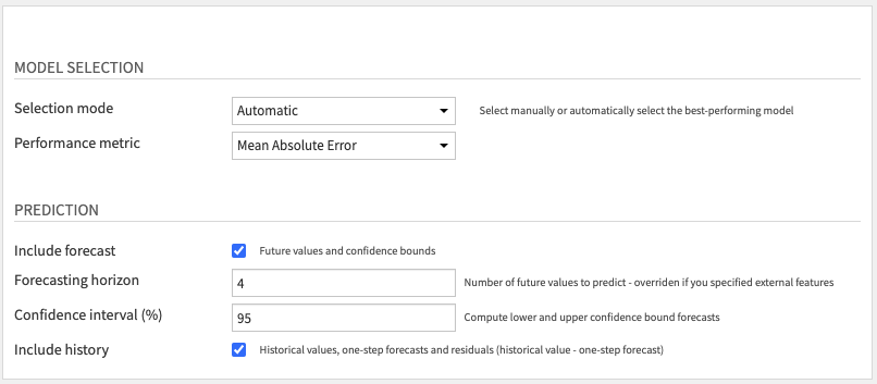 Forecast future values and get historical residuals Recipe Settings